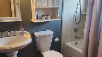 Shower, towels, soap, shampoo