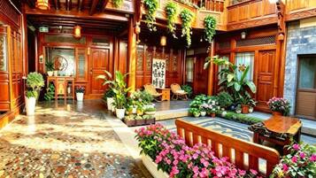 Interior tradicional em madeira com piso de azulejos, um banco de madeira e plantas em vasos.