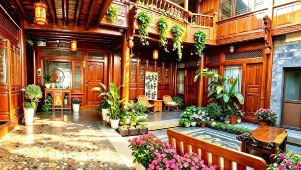 A traditional wooden interior with a tiled floor, a wooden bench, and potted plants. - Yongxia Boutique Inn Lijiang (Lijiang)