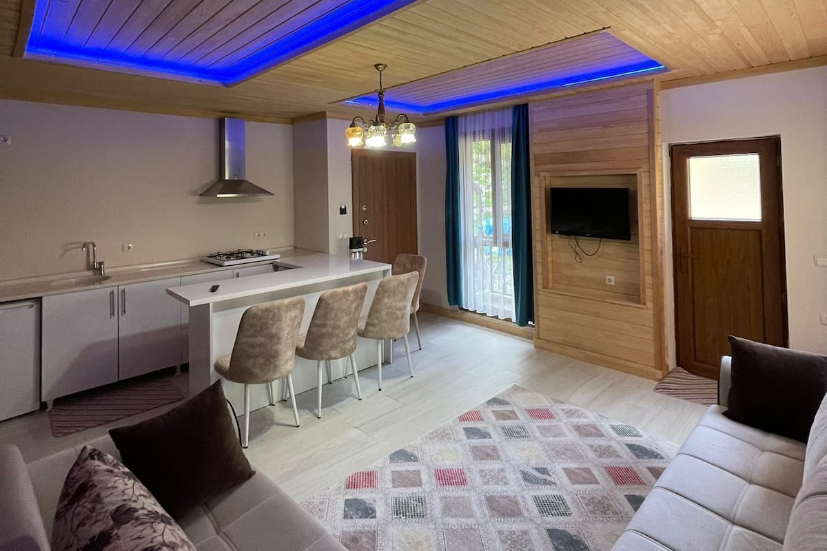 Familieleilighet | Oppholdsområde | En 102-tommers smart-TV med Parabol-TV samt printere