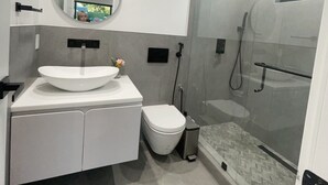Une salle de bain moderne avec un grand lavabo, des toilettes et une douche à parois de verre.