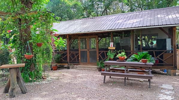 A rustic outdoor seating area with a wooden table and benches, surrounded by potted plants and a metal-roofed structure.