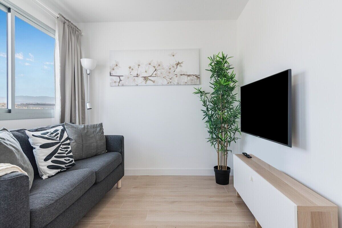 A modern living room with a grey sofa, a large flat-screen TV mounted on the wall, a potted bamboo plant, and a window with curtains.