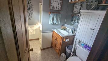 Hair dryer, towels, soap, toilet paper