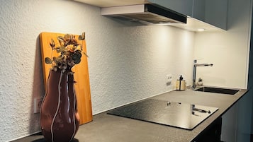 Comfort Apartment | Private kitchen | Full-sized fridge, oven, stovetop, cookware/dishes/utensils