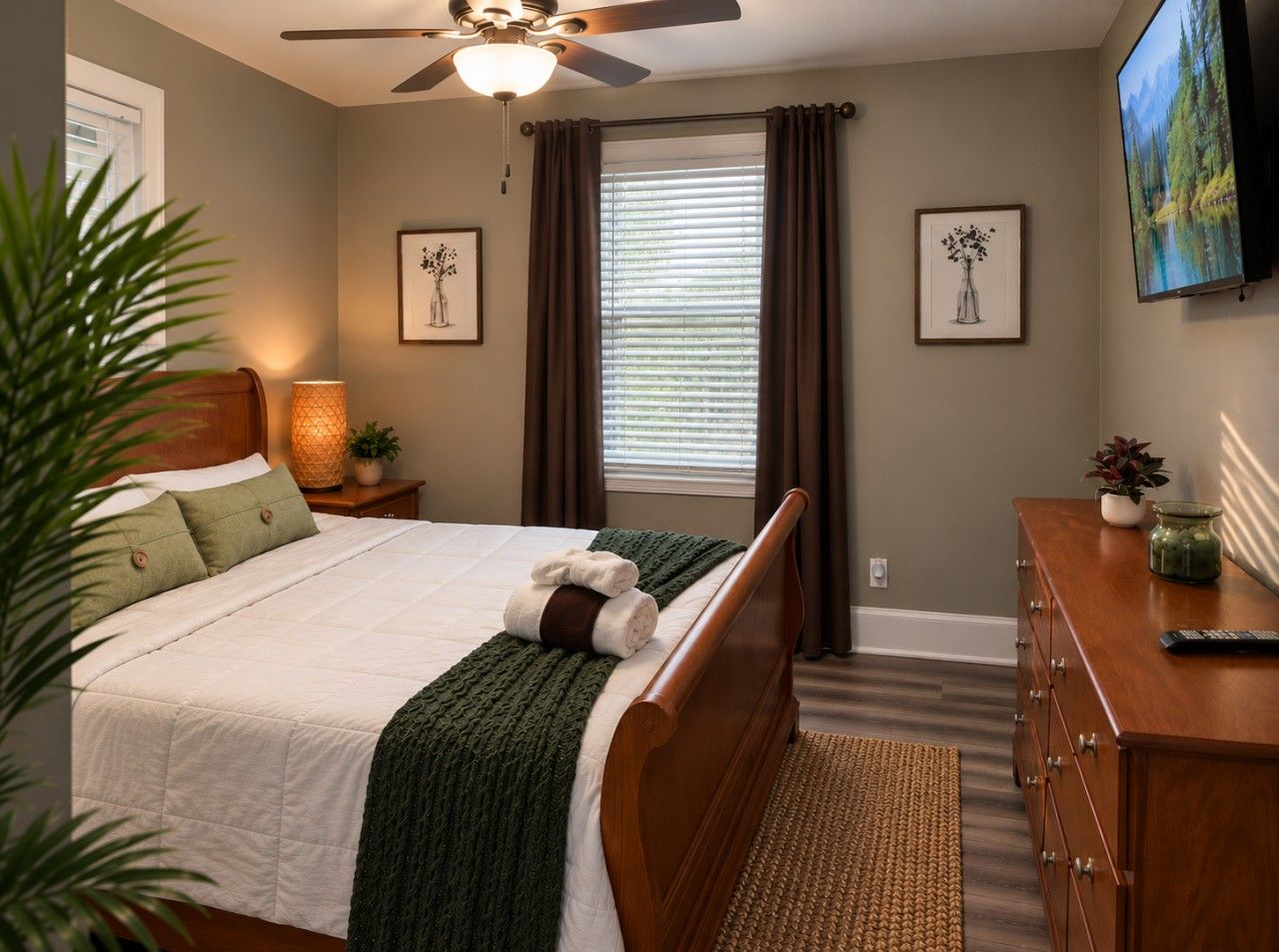 A bedroom with a bed, a nightstand, a dresser, a television, and a window with curtains.