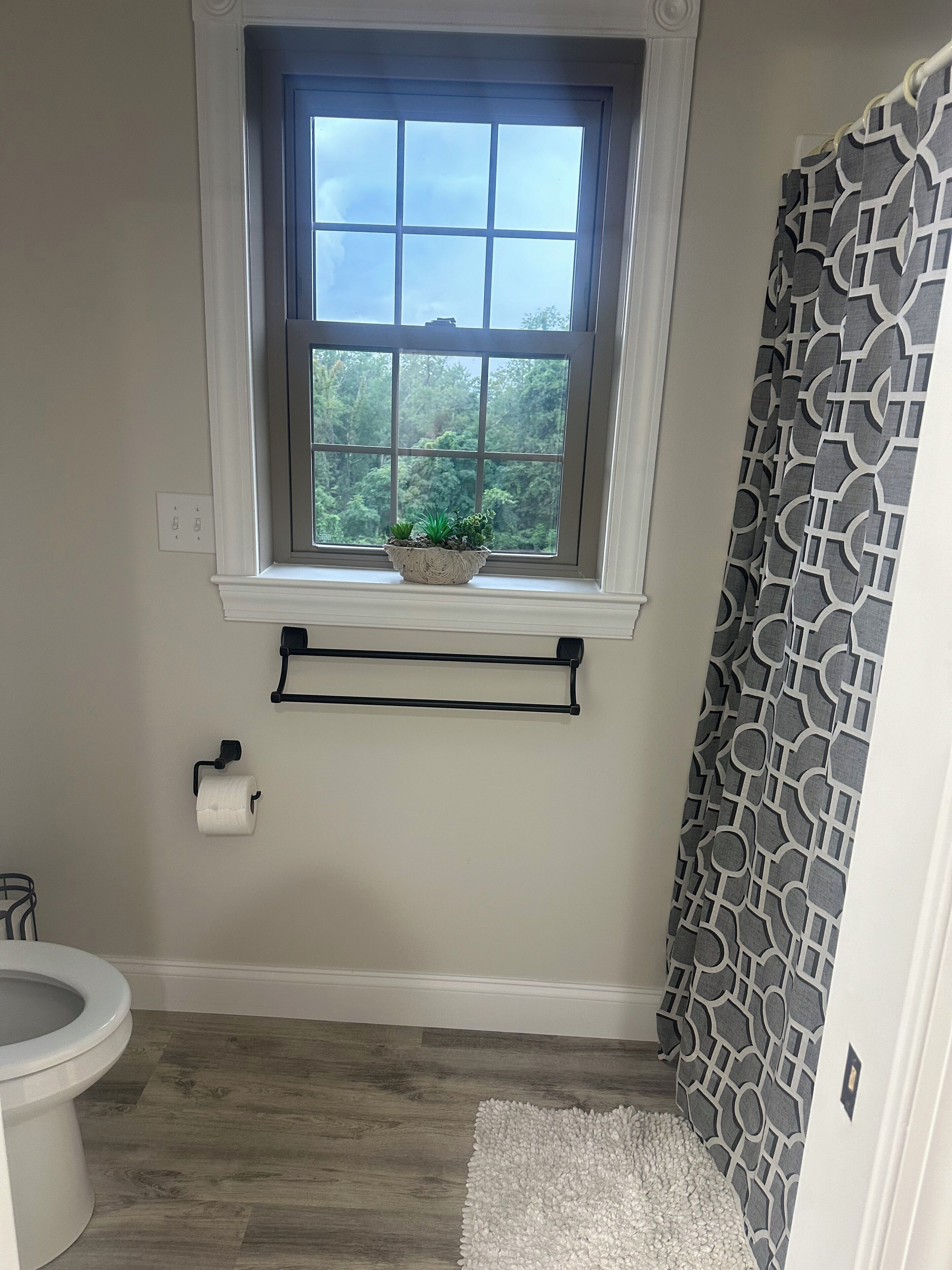 Une salle de bain avec une fenêtre, des toilettes, un porte-serviettes et un mur décoré d’un motif.