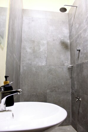 Ducha, secador de pelo, toallas, jabón