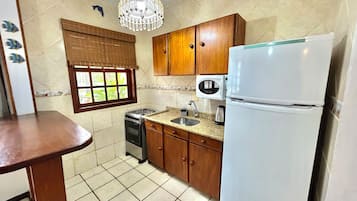A compact kitchen with a stove, sink, microwave, and refrigerator.