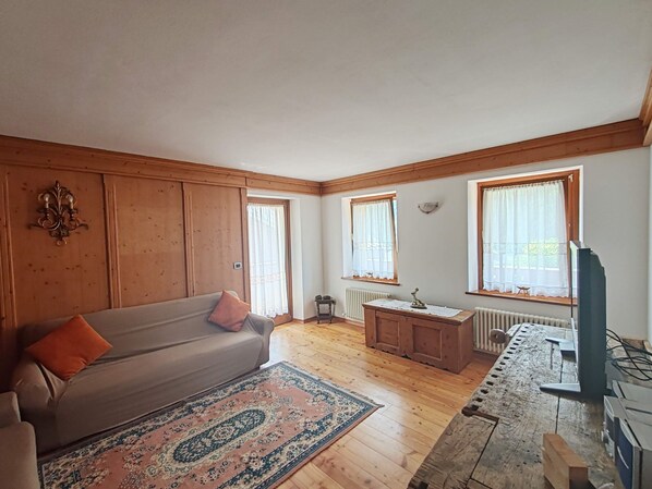 Un salon avec un canapé, un meuble en bois, un radiateur et un téléviseur.
