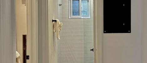 Hair dryer, towels, soap, toilet paper