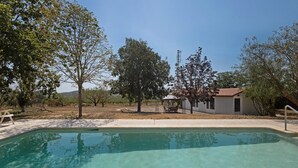 A swimming pool with clear water, surrounded by trees and a building with a red roof.