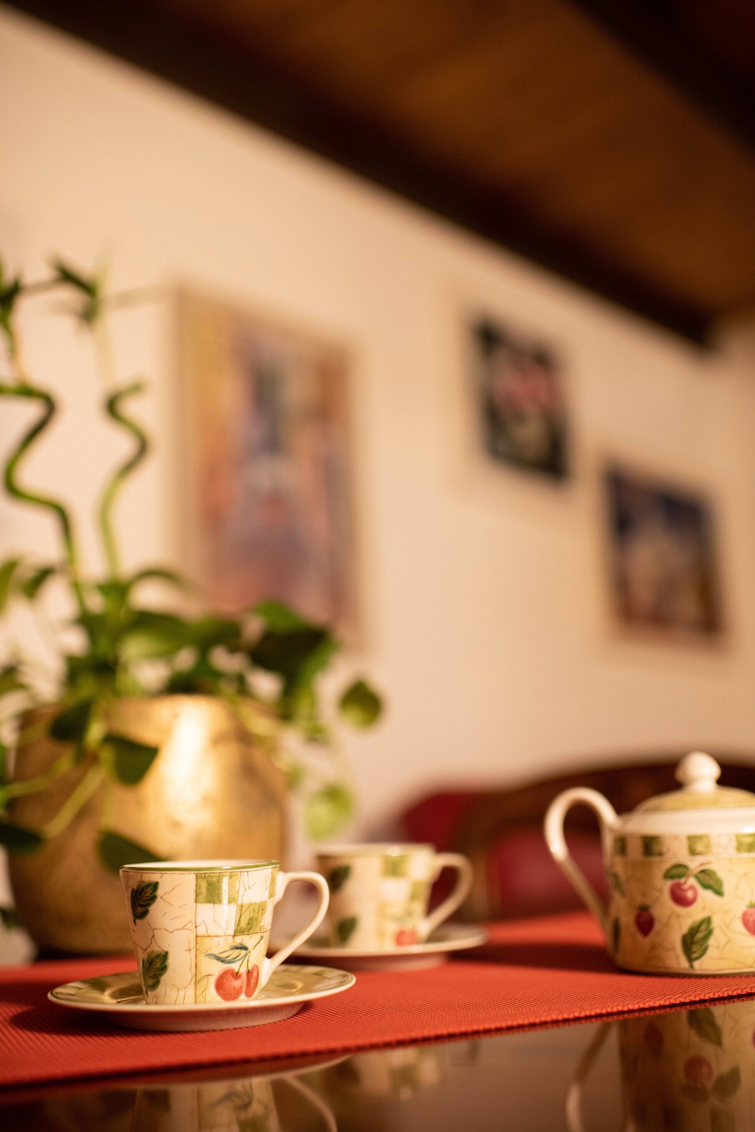 Una mesa con un calentador de tetera y tazas, una planta en maceta y un mantel rojo.