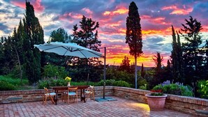 An outdoor patio with a brick floor, a table with chairs, and a large umbrella. - Apartment 'Holiday Home In Tuscany' with Mountain View, Private Terrace and Wi-Fi (Castelfiorentino)