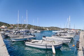 Een jachthaven met verschillende boten afgemeerd, een heldere lucht en een heuvelachtig landschap op de achtergrond.