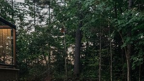 A gravel path leading through a forested area with a wooden cabin on the left. - Modern Lake House on White Lake (White Lake)