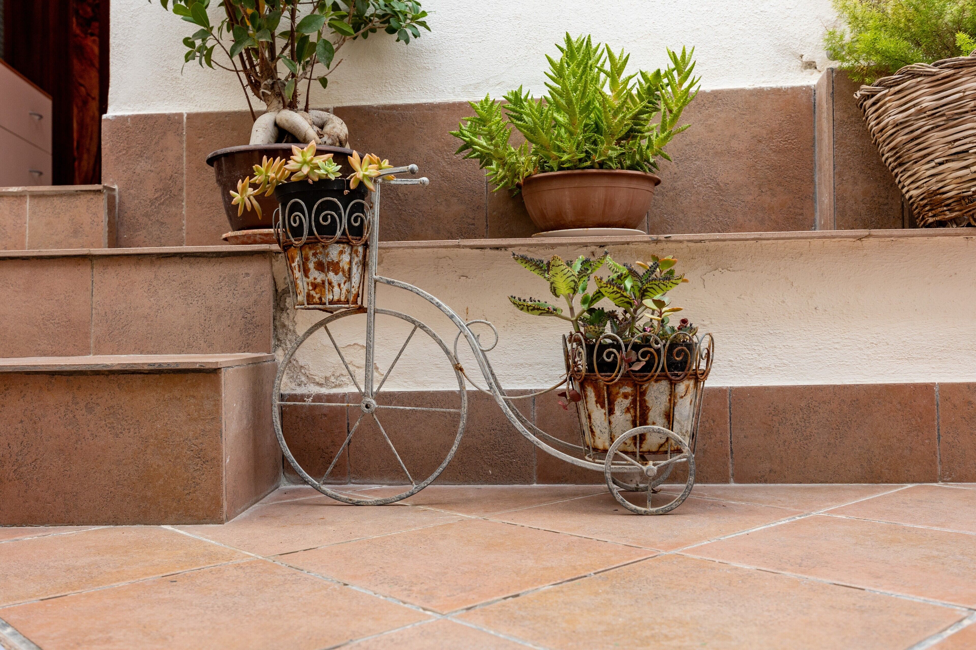 A bicycle with potted plants attached to it, positioned on a tiled outdoor area.