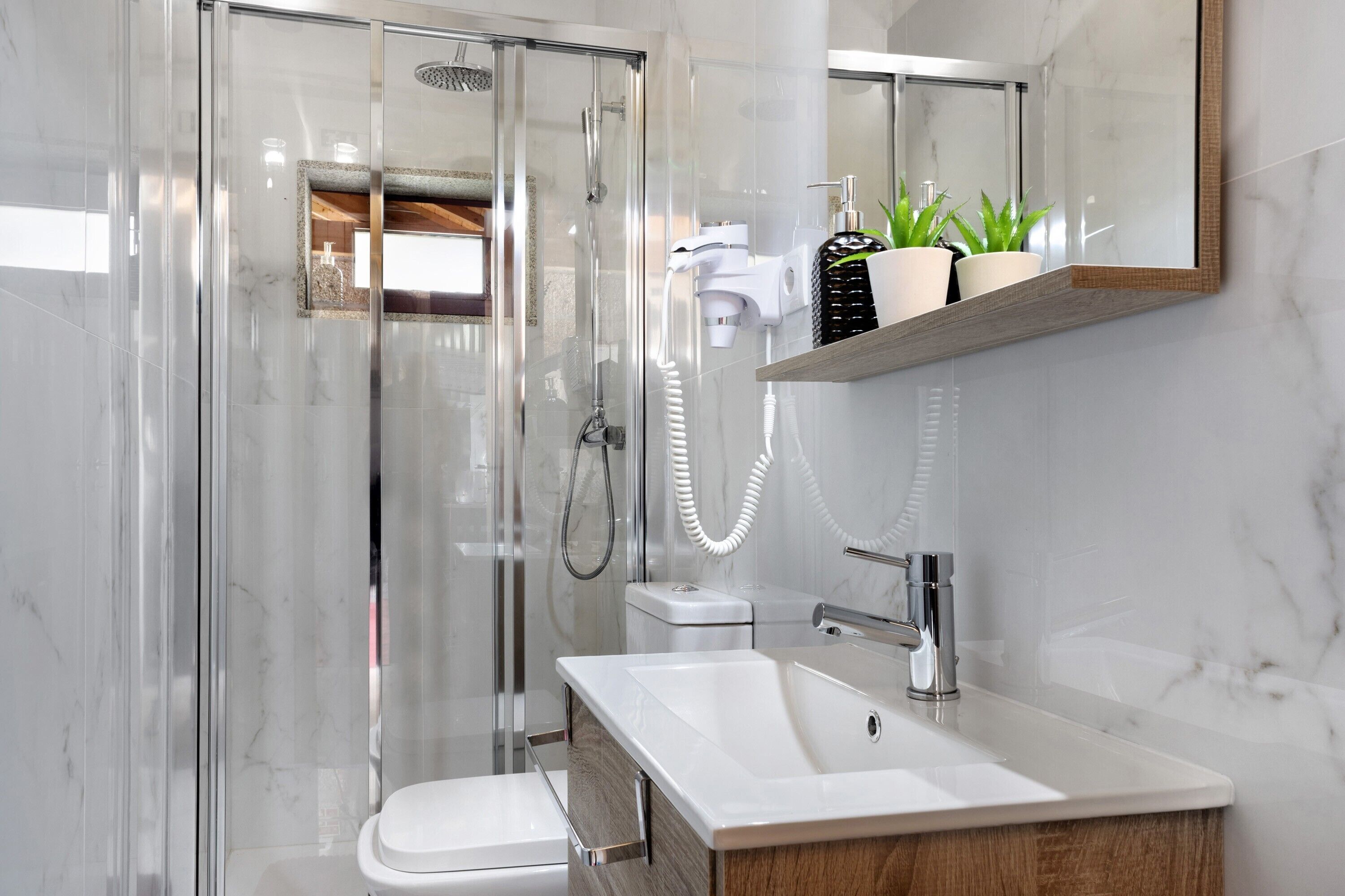 Shower, hair dryer, towels