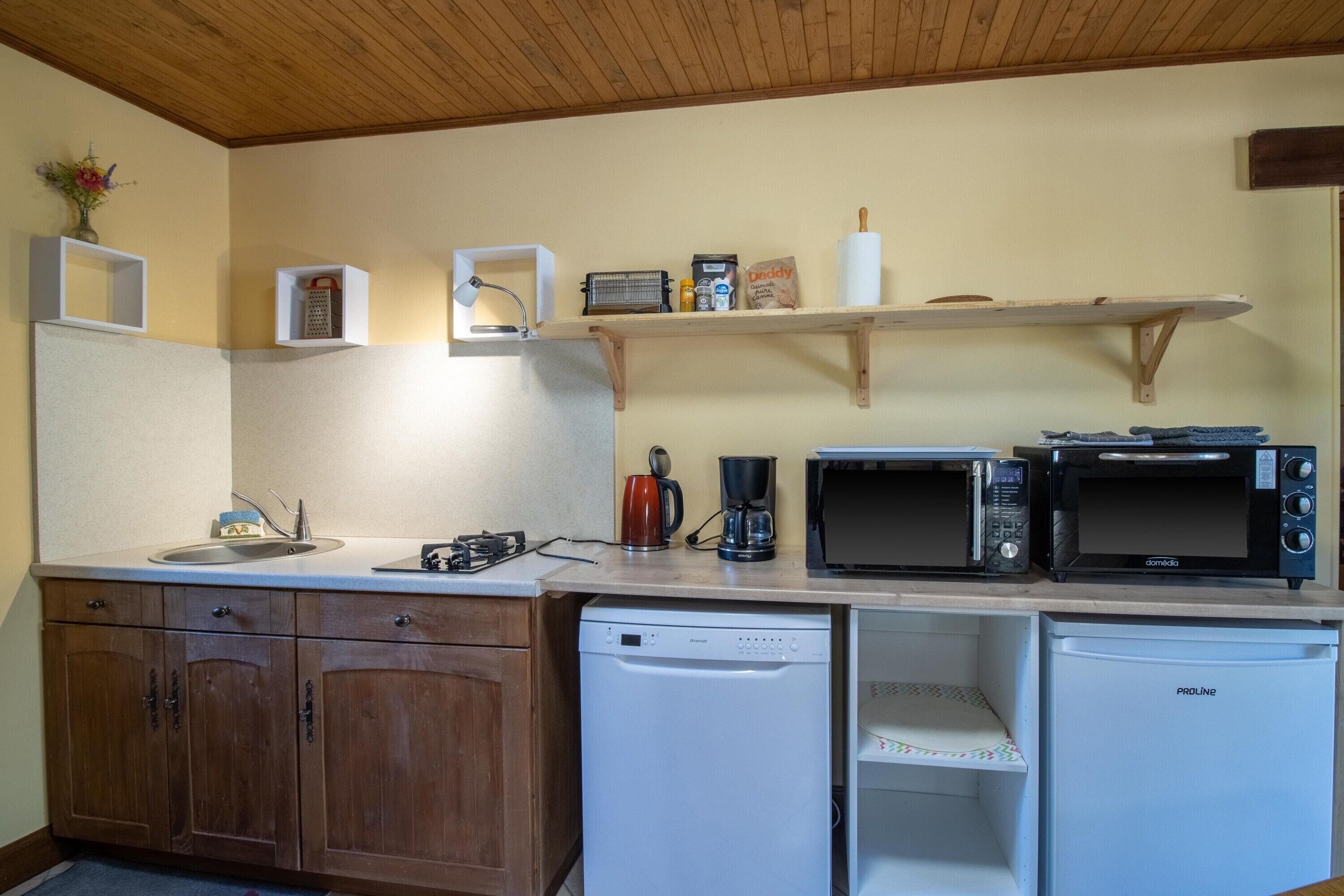 A compact kitchen with wooden cabinets, a dishwasher, a microwave, a coffee maker, and a small refrigerator.