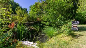 Un jardín con diversas plantas y un pequeño estanque.