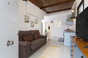 A living room with a sofa, a television, a kitchen area with a stove, and a dining table.