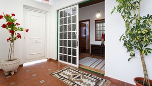 A hallway with a potted red plant, a patterned rug, a white door, and a glass door leading to a room. - Vacation Apartment 'Teide' with Wi-Fi (Icod de los Vinos)
