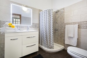 Shower, hair dryer, towels