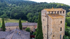 A stone building with a tower, surrounded by trees and a forested hillside. - La Torre by Interhome (Sovicille)