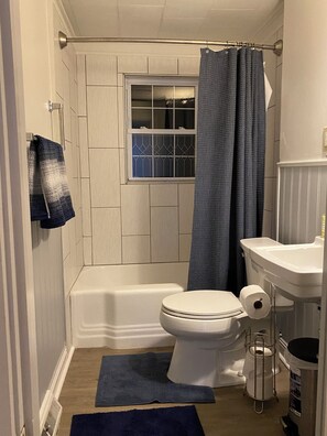 Hair dryer, towels, soap, shampoo