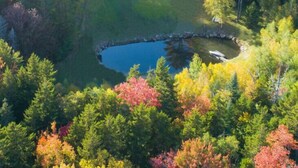 An aerial view of a house surrounded by a forest with autumn foliage. - Valley View Villa - Modern Farmhouse W/ Hot Tub (Dover)