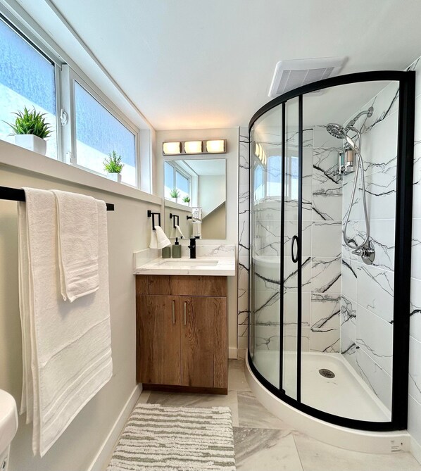 Shower, hair dryer, towels, soap