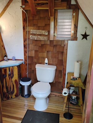 Un baño pequeño con suelo de madera, inodoro blanco, lavamanos con dispensador de jabón y un adorno con forma de estrella en la pared.