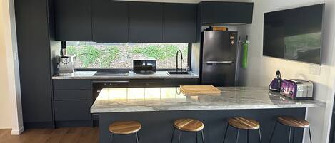 Fridge, microwave, oven, stovetop