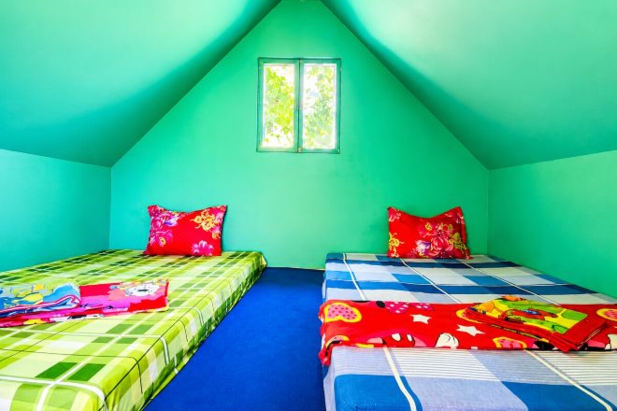 A room with two beds, a window, and a blue carpet.