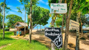 A beach area with signs indicating a Plankton Zone and snorkeling opportunities. - Plankton Bungalow and Camping (Koh Rong)