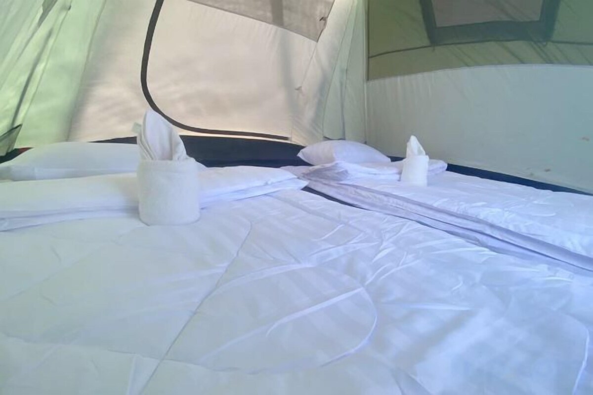 A tent with a bed, pillows, and a small table with a bottle.