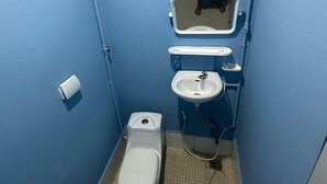 A small, narrow bathroom with blue walls, a toilet, a sink, and a mirror. - Green Ocean Lodge (Koh Rong)