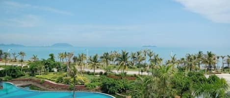 A pool with lounge chairs and umbrellas, surrounded by palm trees and a view of the sea.