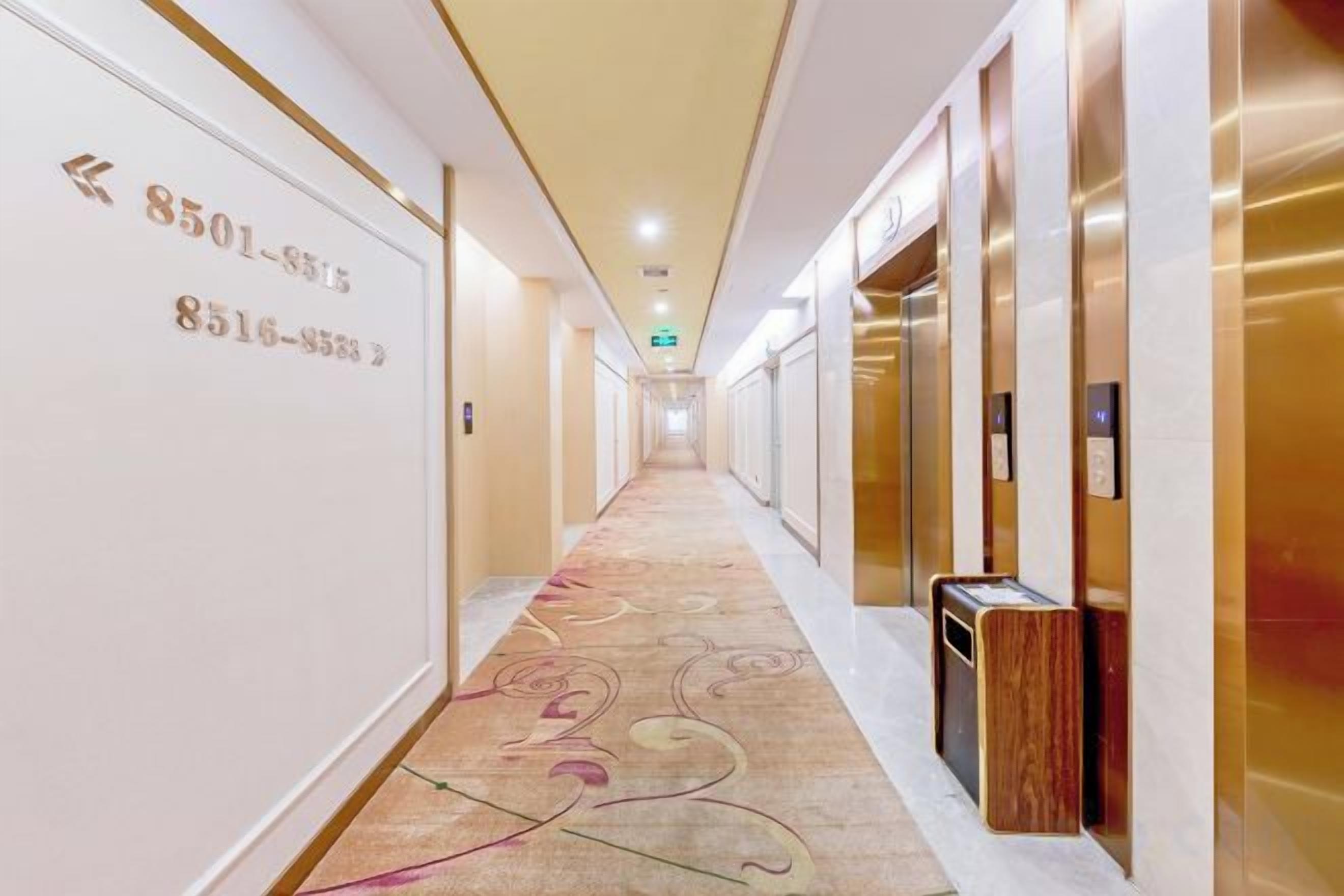 A hotel corridor with a carpeted floor, wall-mounted phone numbers, and an elevator.
