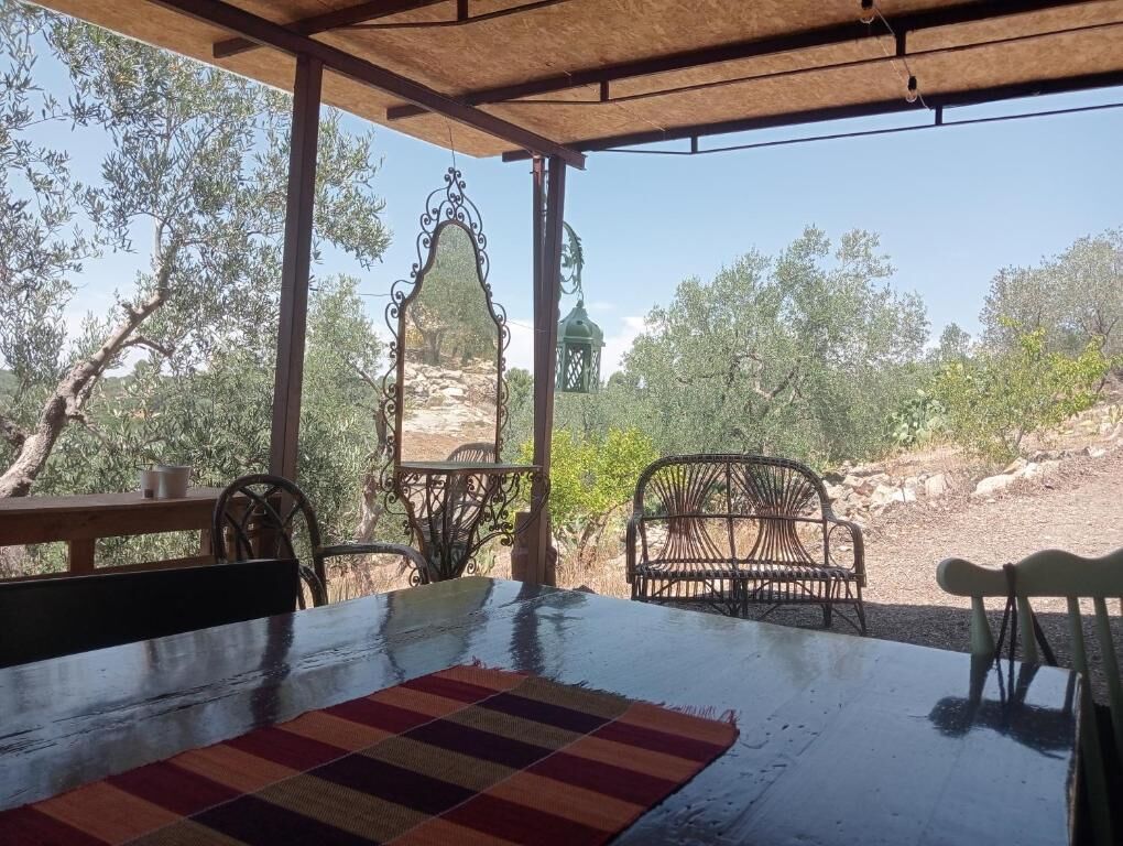 An outdoor patio with a table and chairs, a decorative metal arch, and a view of olive trees and hills.