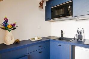 Fridge, microwave, coffee/tea maker, electric kettle