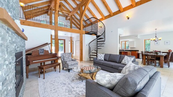 TV connectée, cheminée, livres