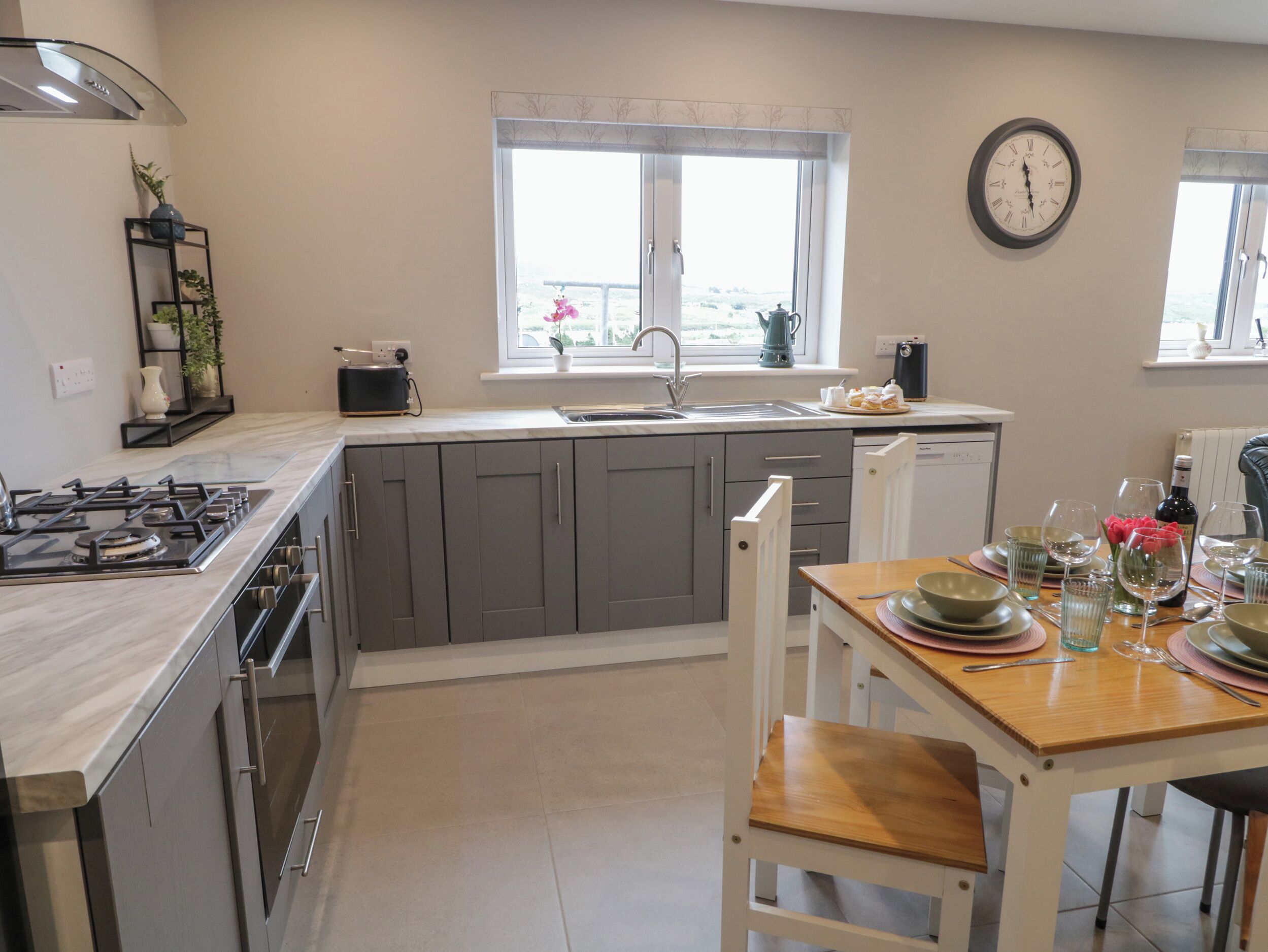 Fridge, oven, dishwasher, high chair