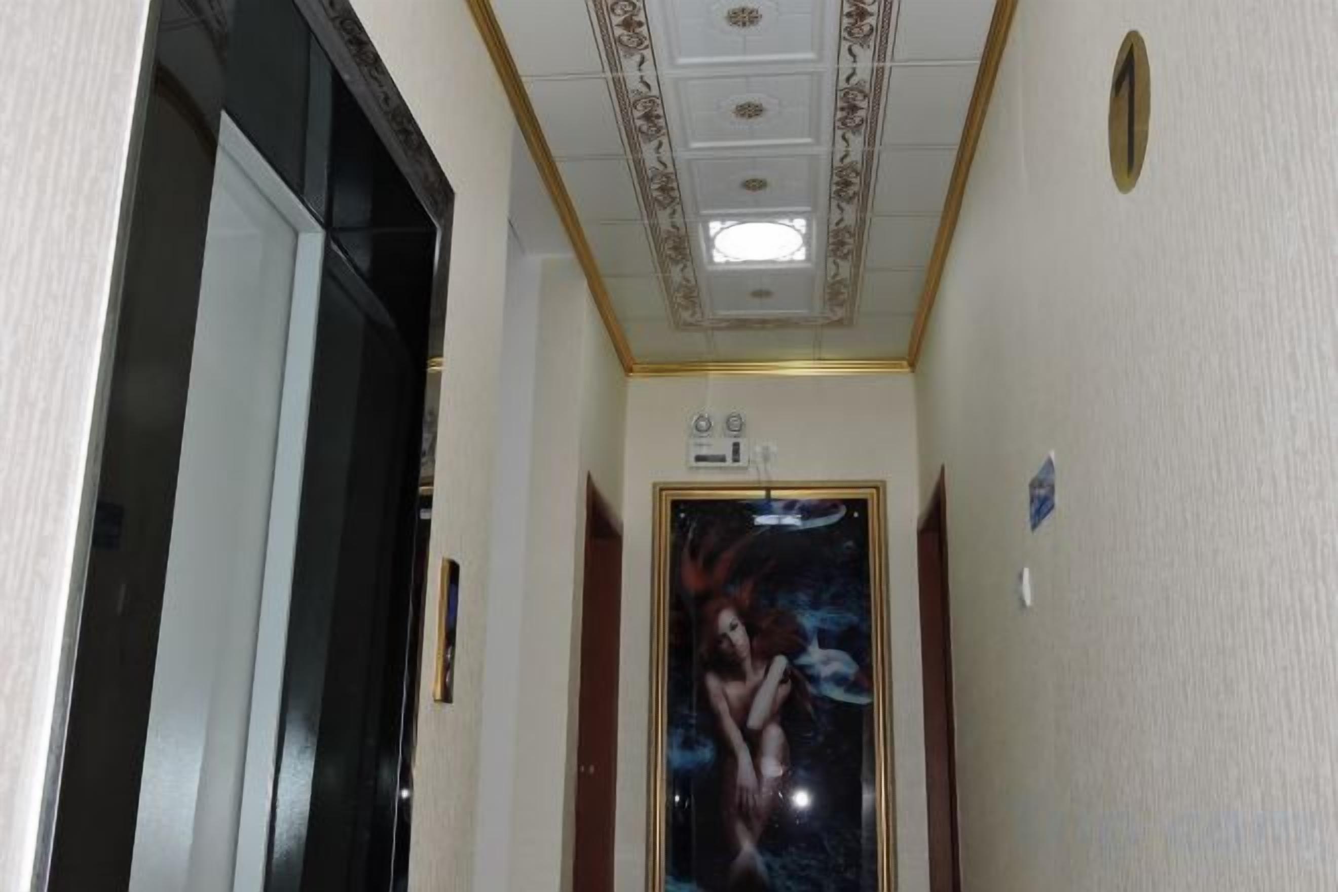 A narrow hallway with a ceiling light fixture, a door with a painting, and a wall-mounted light switch.
