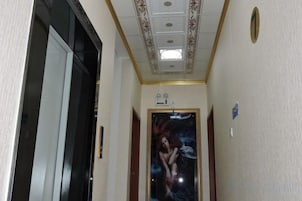 Un pasillo estrecho con un aplique de techo, una puerta decorada con un cuadro y un interruptor de luz en la pared.