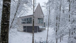 A modern building with a triangular roof, surrounded by snow-covered trees. - Chalet Nova - Spa, Sauna & in the Nature (Chertsey)
