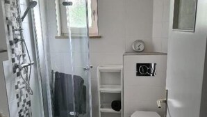 Un baño pequeño con ducha de mampara de vidrio, inodoro y lavabo.