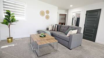 Smart TV, fireplace, books, offices