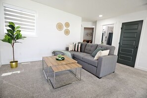 Smart TV, fireplace, books, offices