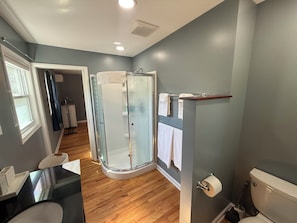 Shower, hair dryer, towels, soap